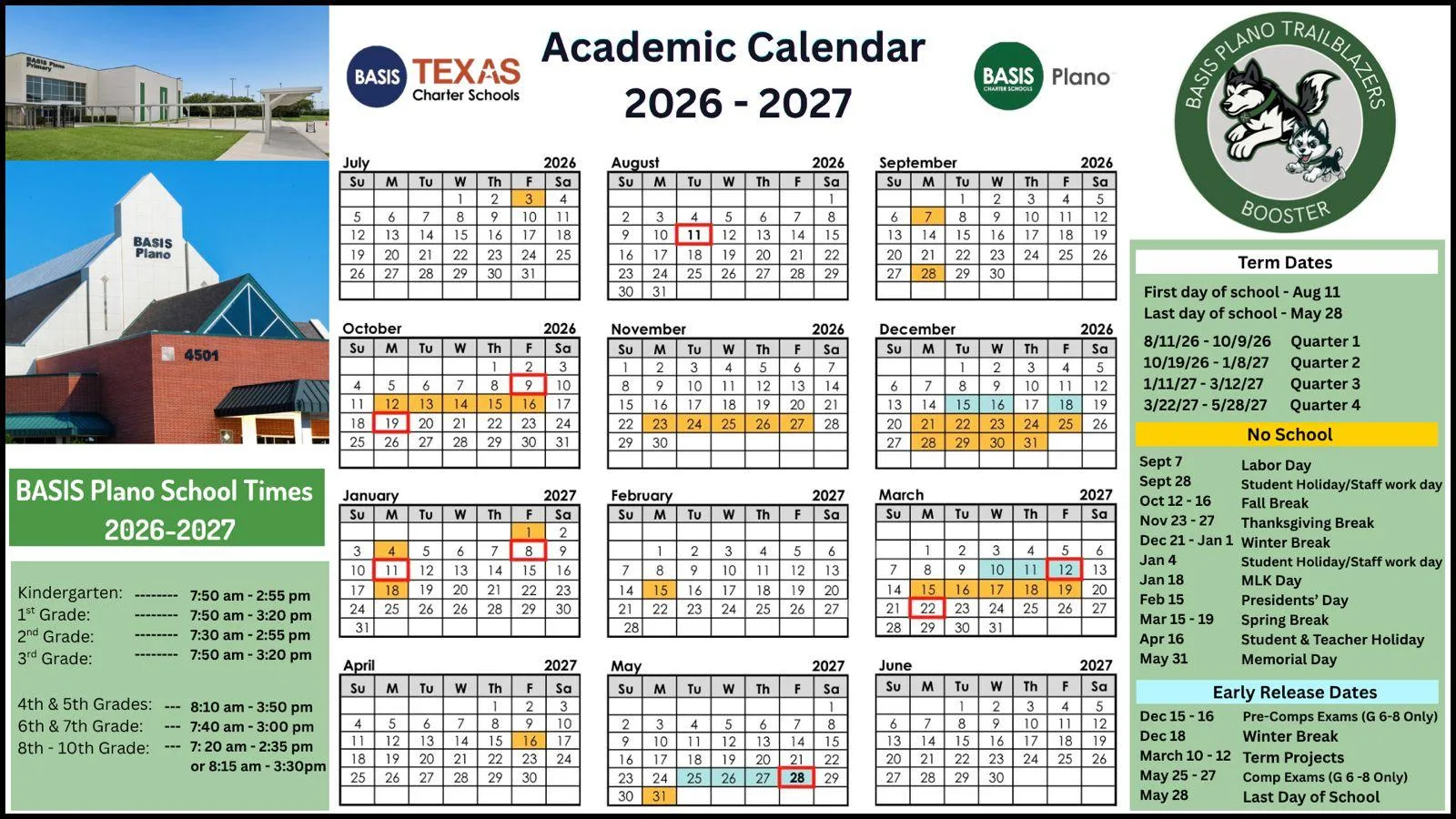 BASIS Plano academic calendar grid for 2026-2027, July 2026 through June 2027, with school times by grade, term dates, no-school days and early release dates