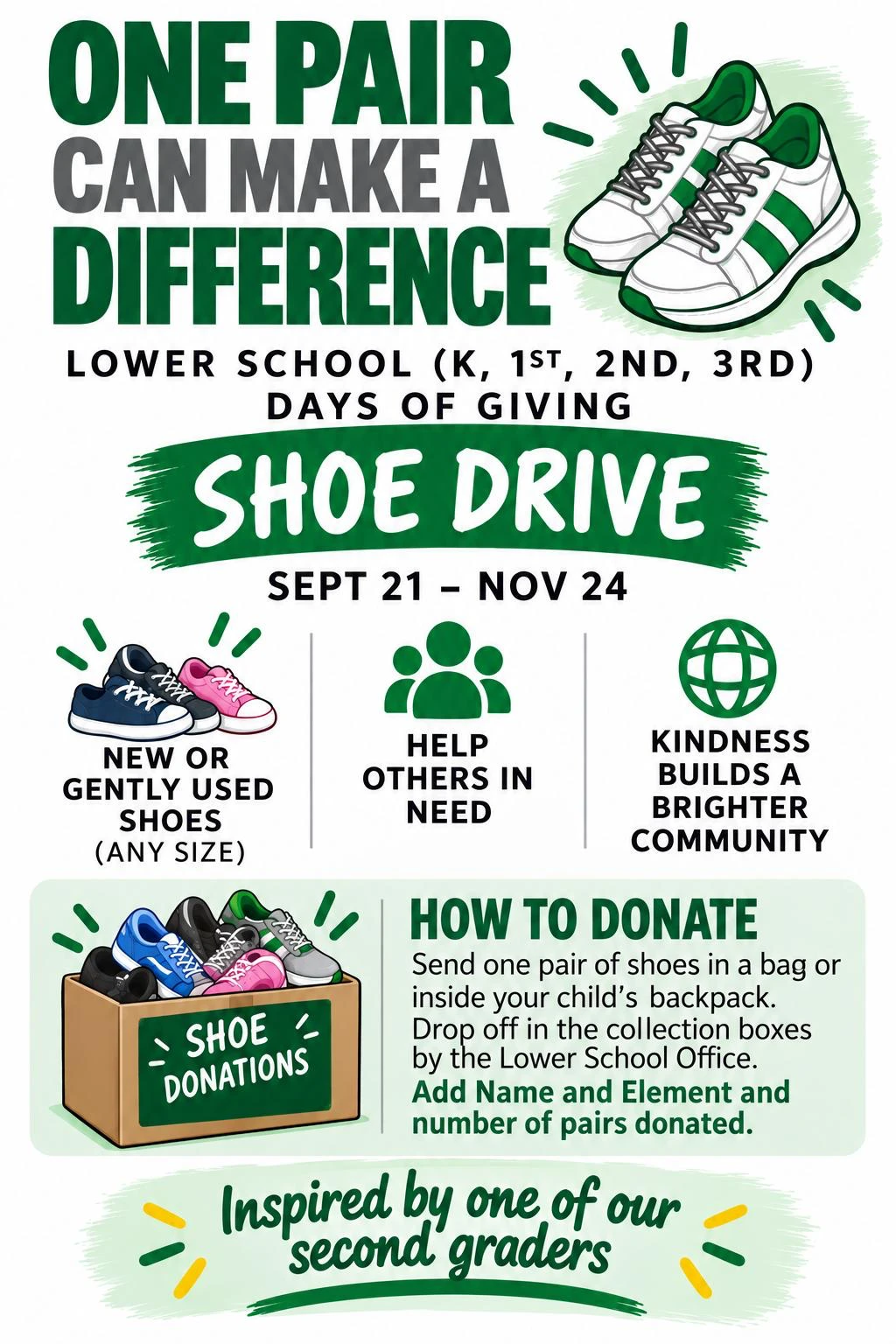 Shoe Drive flyer: One pair can make a difference. Lower School (K, 1st, 2nd and
                3rd grade) Days of Giving Shoe Drive, September 21 to November 24. New or gently
                used shoes, any size, to help others in need, because kindness builds a brighter
                community. To donate, send one pair of shoes in a bag or inside your child's
                backpack, or drop them in the collection boxes by the Lower School Office, and
                add your child's name, element and the number of pairs donated. Inspired by one
                of our second graders.