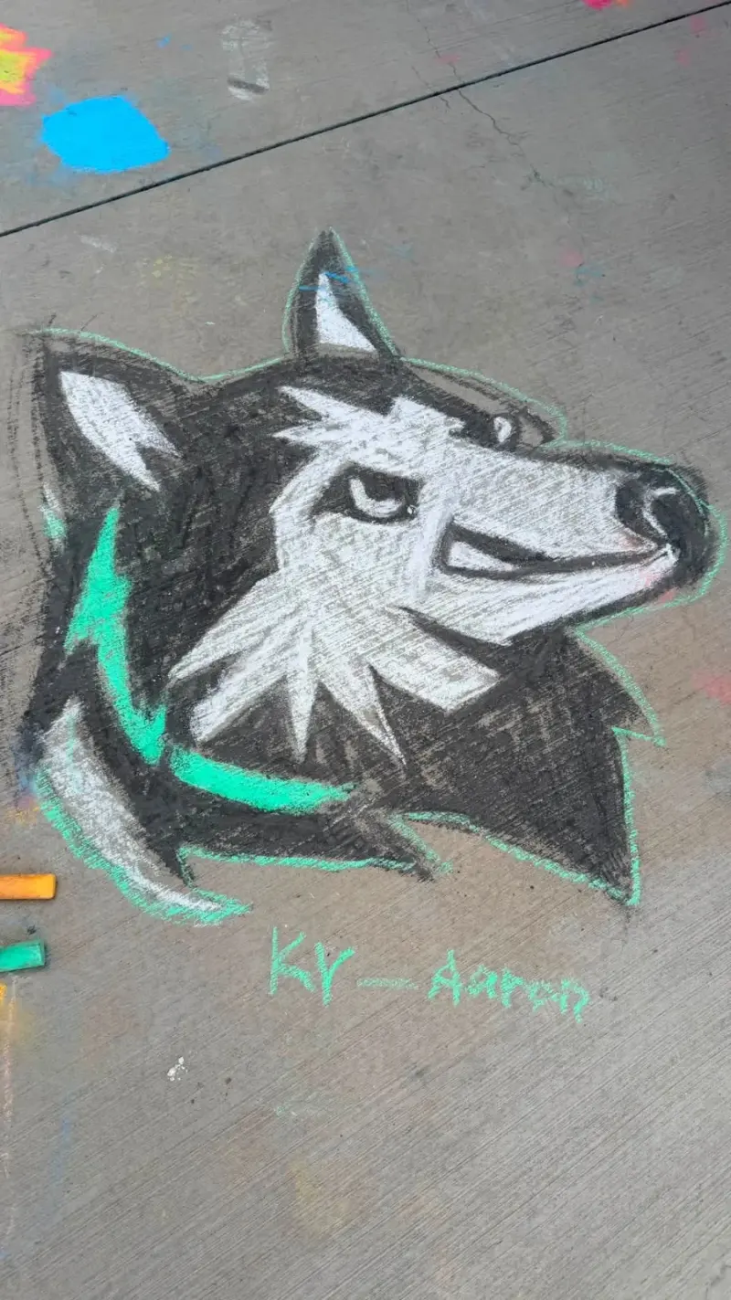 A chalk husky’s head in black, white and bright green, a handful of chalk sticks lying beside it